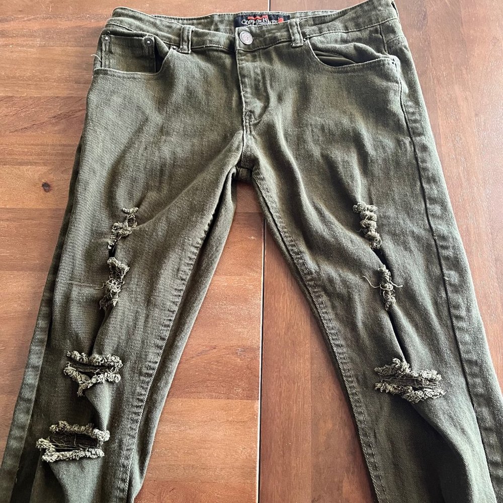 Copper Rivet Green Jeans Mens Sz 34x32 Distressed‎ Stretch Denim Pants